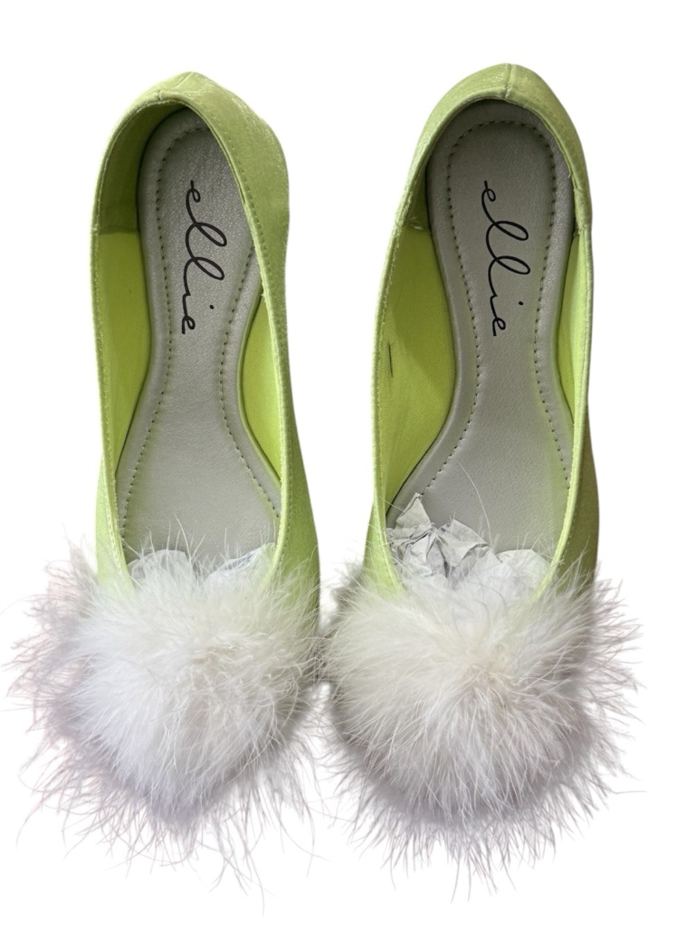 Ellie Lime Green Ballet Flats with White Feather Poms